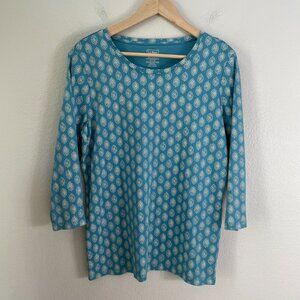 LL Bean Womens Large 100% Supima Cotton 3/4 Sleeve Tunic Top Blue White Pattern